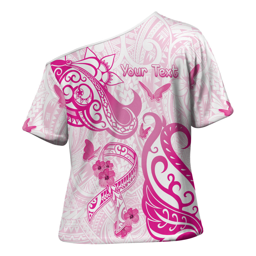 Personalised Breast Cancer Support Cross Shoulder Shirt Ribbon Polynesian Pattern White Version