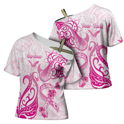 Personalised Breast Cancer Support Cross Shoulder Shirt Ribbon Polynesian Pattern White Version