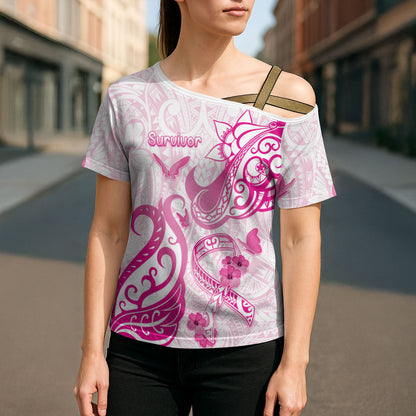 Personalised Breast Cancer Support Cross Shoulder Shirt Ribbon Polynesian Pattern White Version