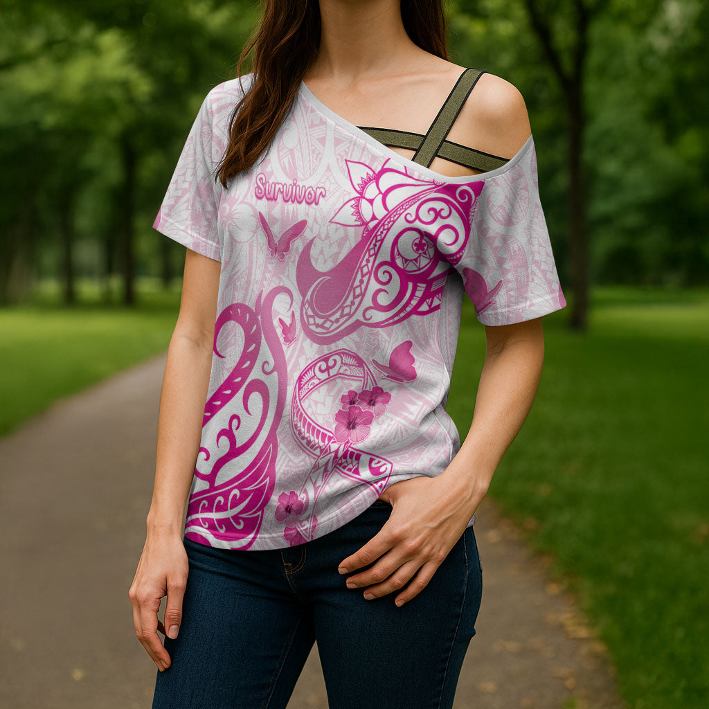 Personalised Breast Cancer Support Cross Shoulder Shirt Ribbon Polynesian Pattern White Version