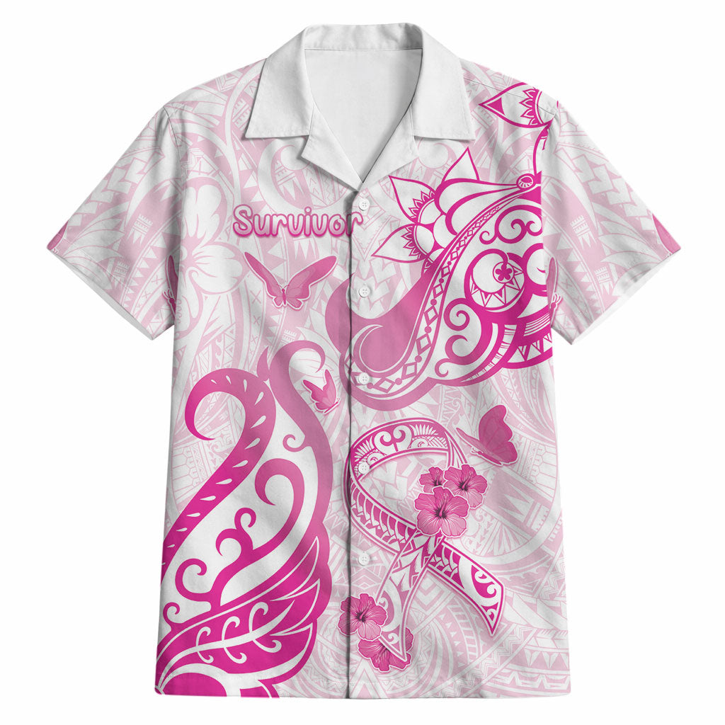 Personalised Breast Cancer Support Hawaiian Shirt Ribbon Polynesian Pattern White Version