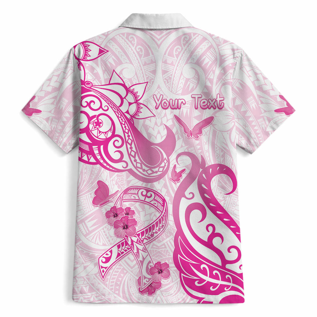 Personalised Breast Cancer Support Hawaiian Shirt Ribbon Polynesian Pattern White Version