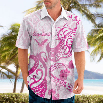 Personalised Breast Cancer Support Hawaiian Shirt Ribbon Polynesian Pattern White Version