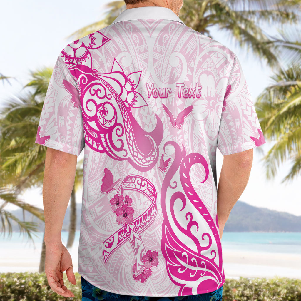 Personalised Breast Cancer Support Hawaiian Shirt Ribbon Polynesian Pattern White Version