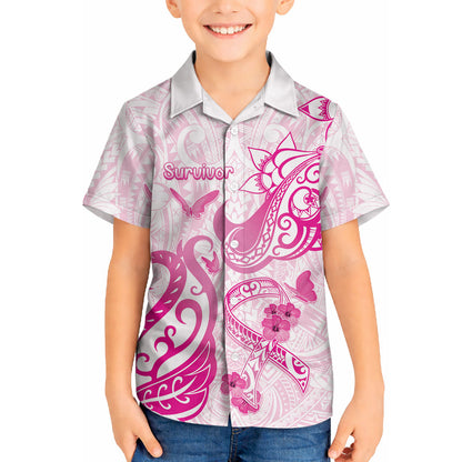 Personalised Breast Cancer Support Hawaiian Shirt Ribbon Polynesian Pattern White Version