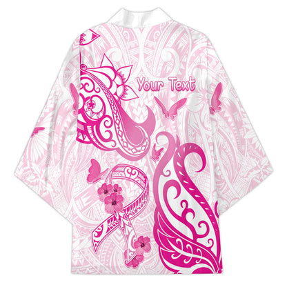 Personalised Breast Cancer Support Kimono Ribbon Polynesian Pattern White Version