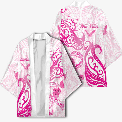 Personalised Breast Cancer Support Kimono Ribbon Polynesian Pattern White Version