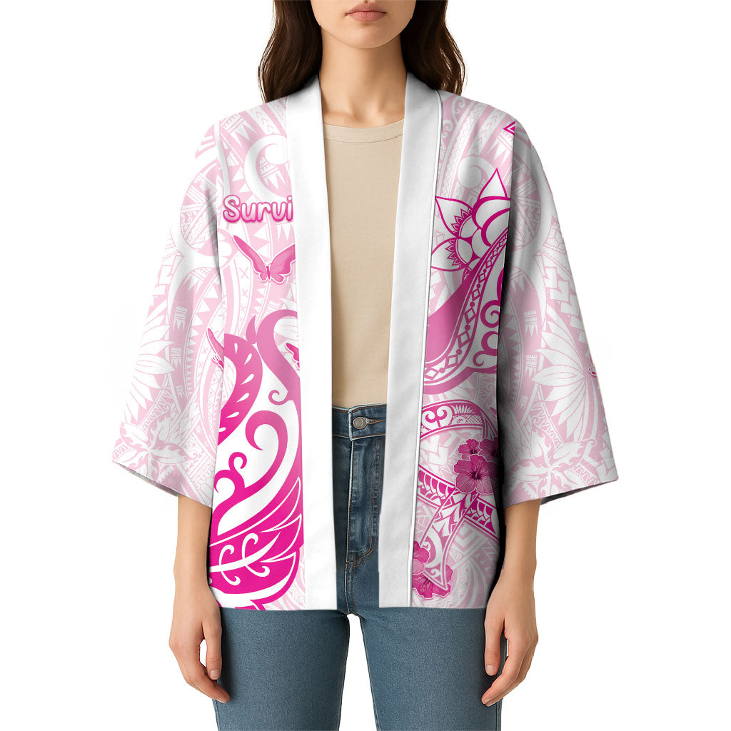 Personalised Breast Cancer Support Kimono Ribbon Polynesian Pattern White Version