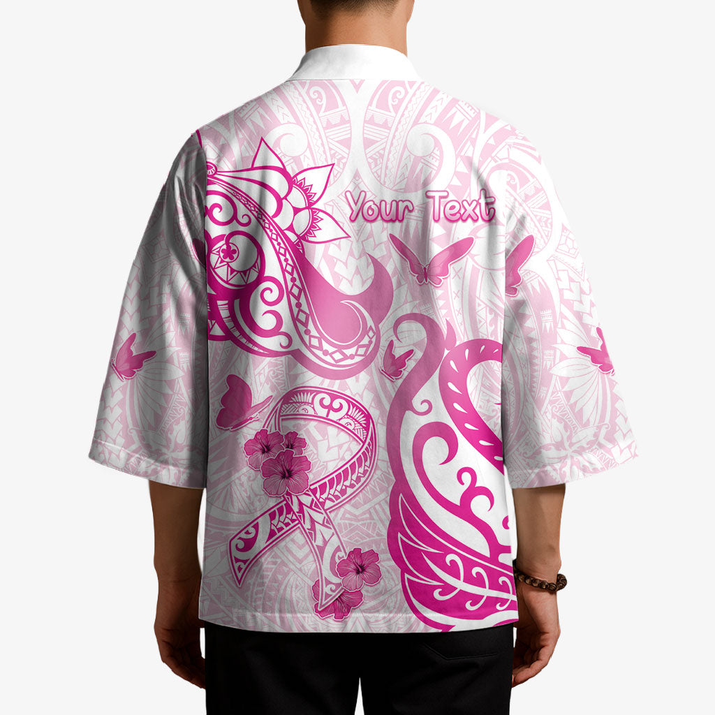 Personalised Breast Cancer Support Kimono Ribbon Polynesian Pattern White Version