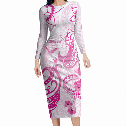 Personalised Breast Cancer Support Long Sleeve Bodycon Dress Ribbon Polynesian Pattern White Version