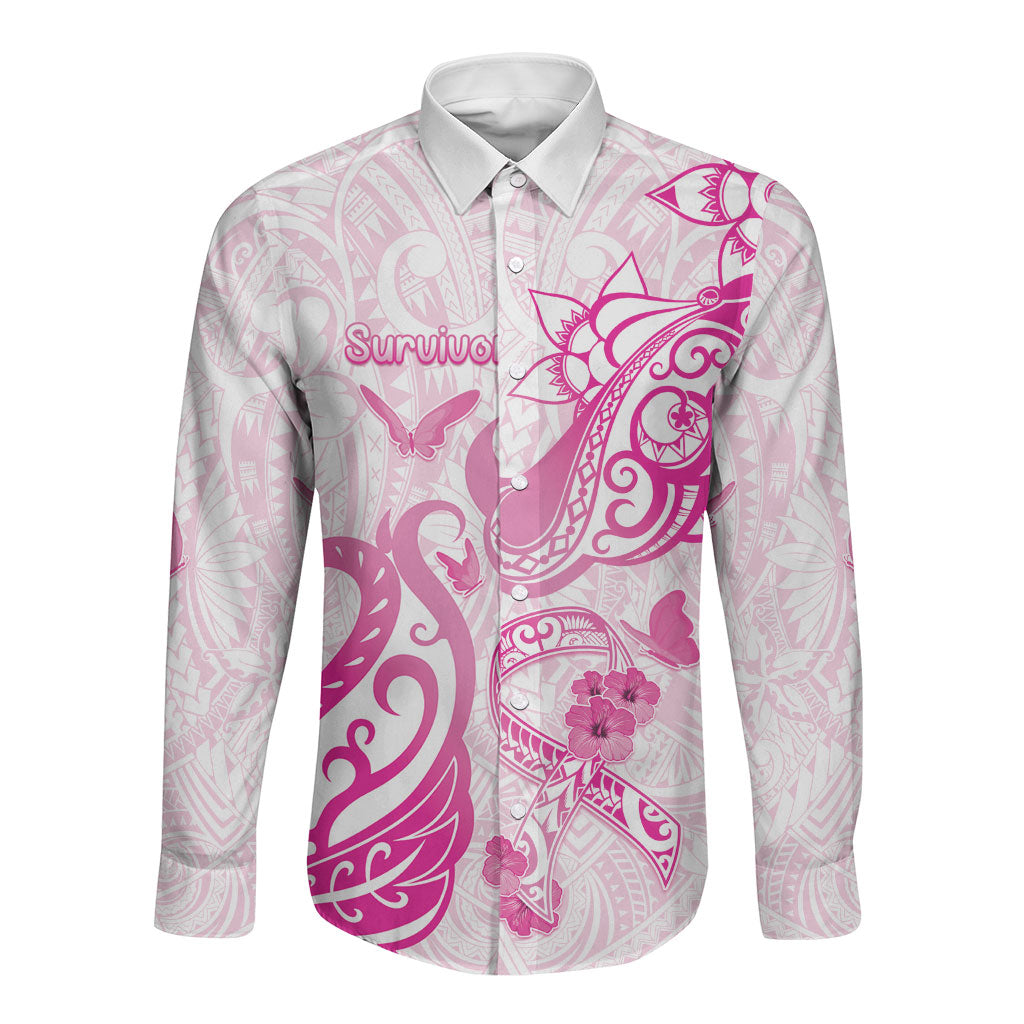 Personalised Breast Cancer Support Long Sleeve Button Shirt Ribbon Polynesian Pattern White Version