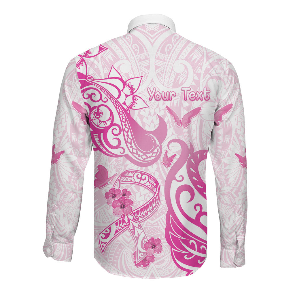 Personalised Breast Cancer Support Long Sleeve Button Shirt Ribbon Polynesian Pattern White Version
