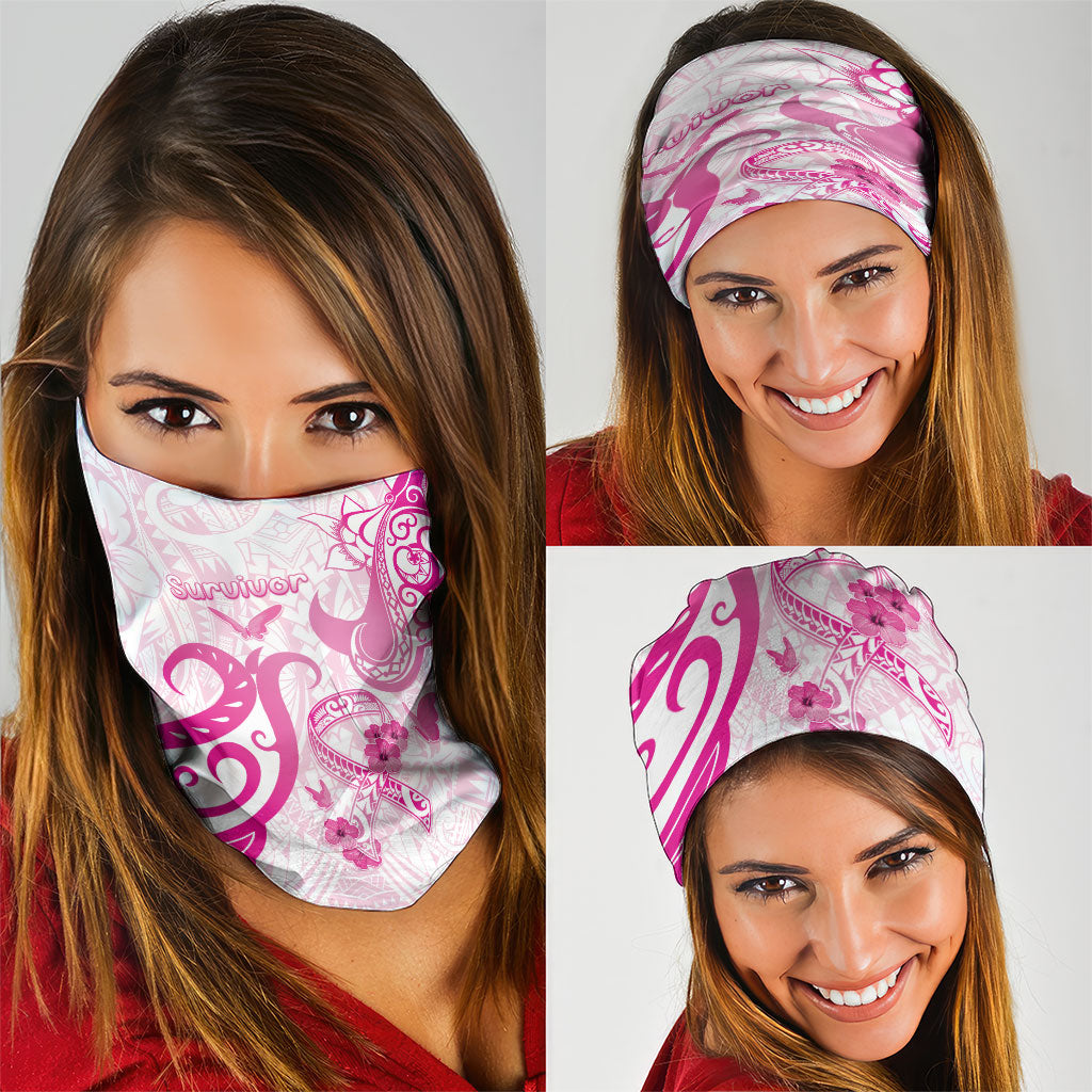 Breast Cancer Support Neck Gaiter Ribbon Polynesian Pattern White Version