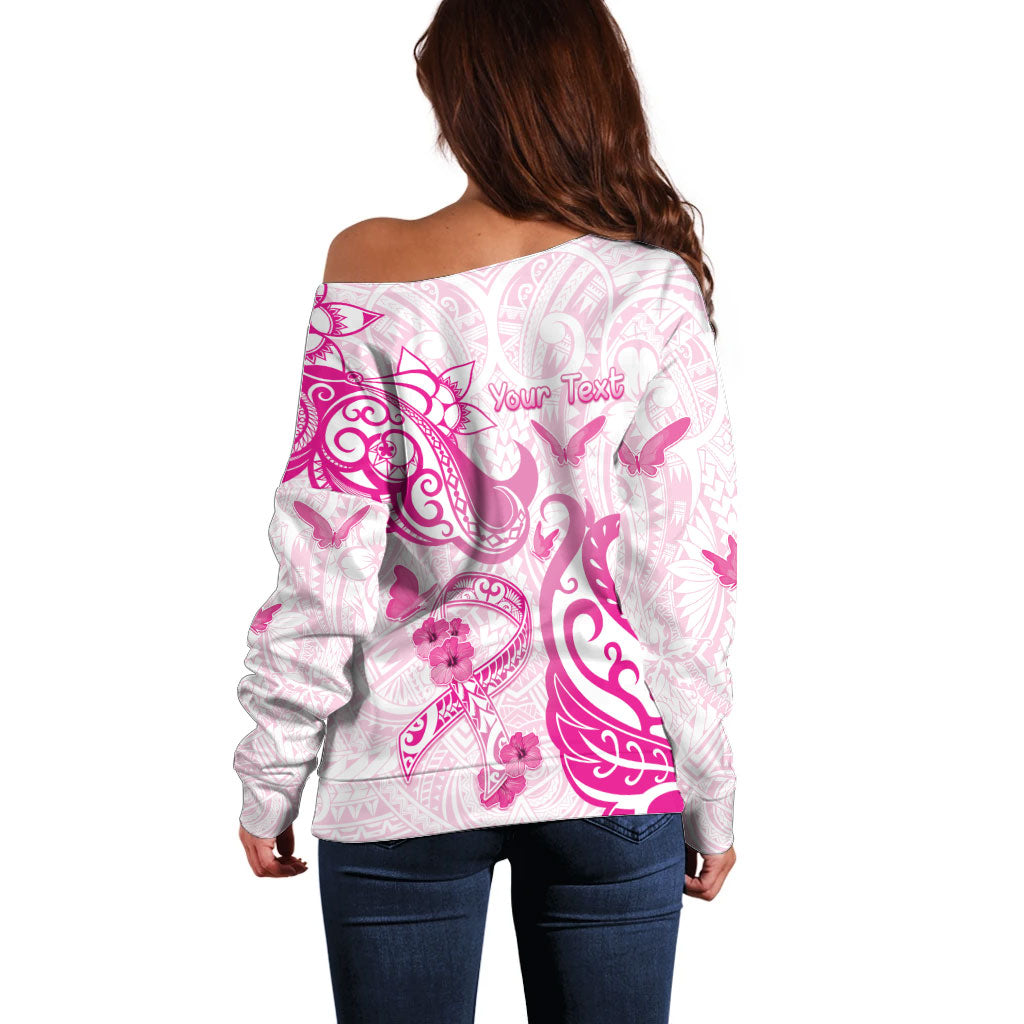 Personalised Breast Cancer Support Off Shoulder Sweater Ribbon Polynesian Pattern White Version