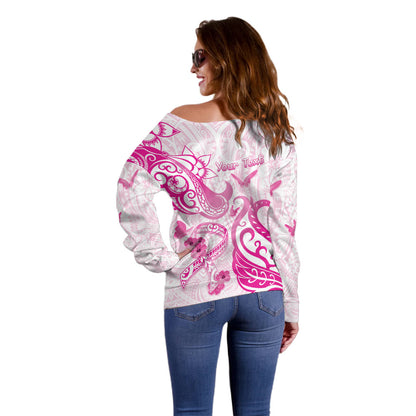 Personalised Breast Cancer Support Off Shoulder Sweater Ribbon Polynesian Pattern White Version