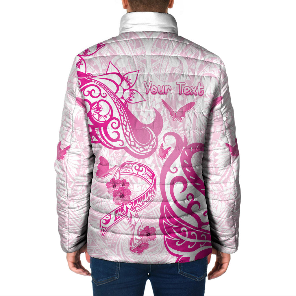 Personalised Breast Cancer Support Padded Jacket Ribbon Polynesian Pattern White Version