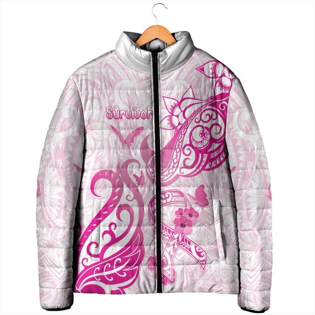 Personalised Breast Cancer Support Padded Jacket Ribbon Polynesian Pattern White Version