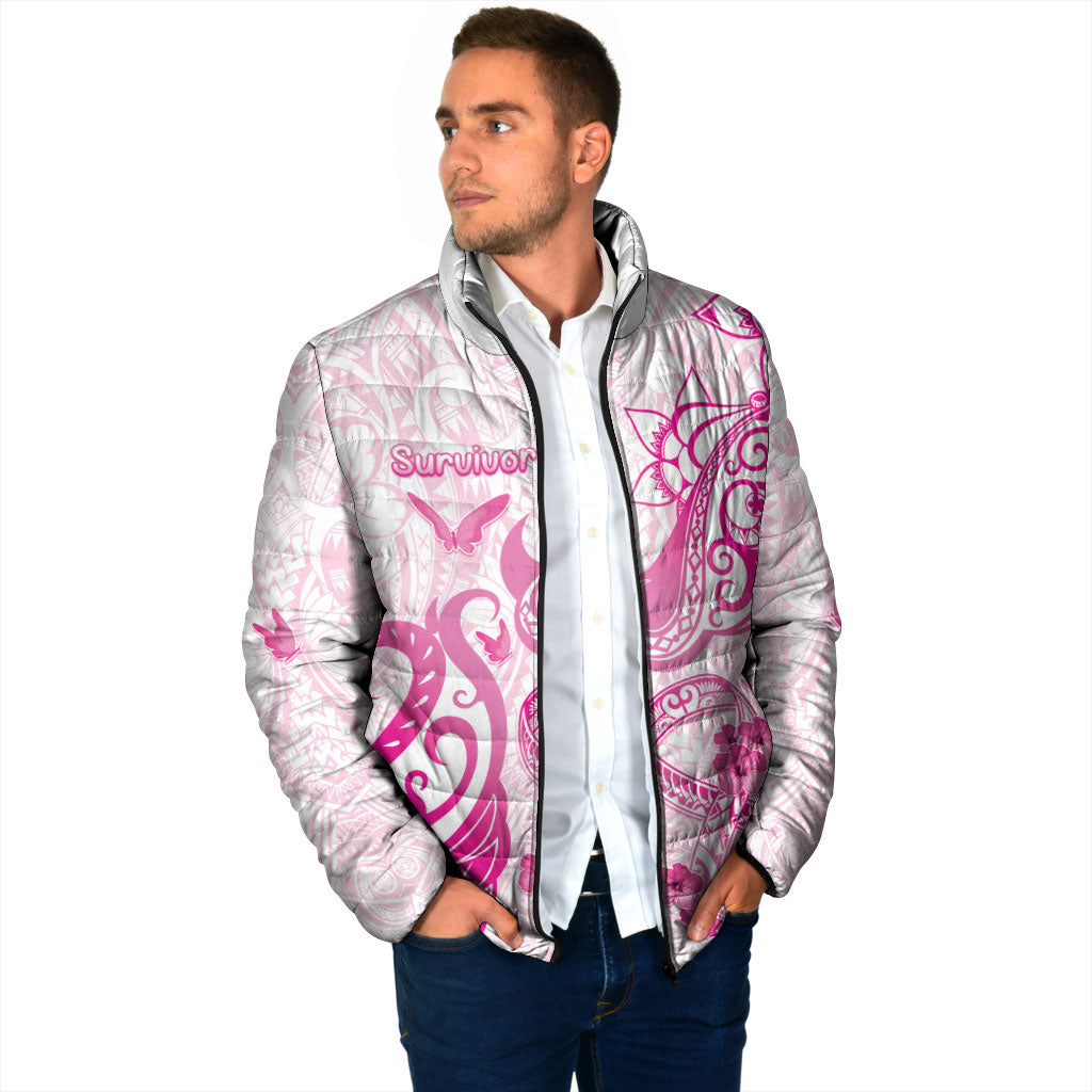 Personalised Breast Cancer Support Padded Jacket Ribbon Polynesian Pattern White Version
