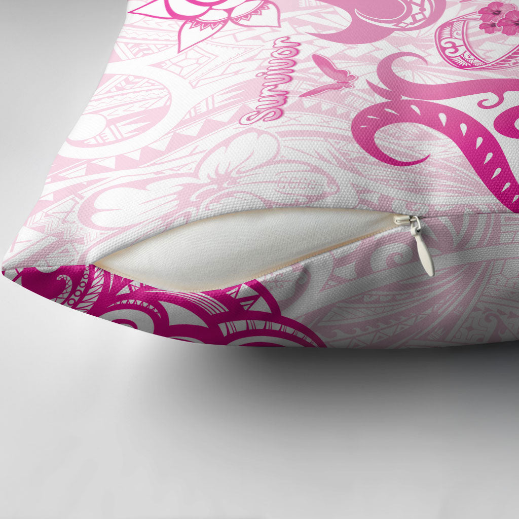 Breast Cancer Support Pillow Cover Ribbon Polynesian Pattern White Version