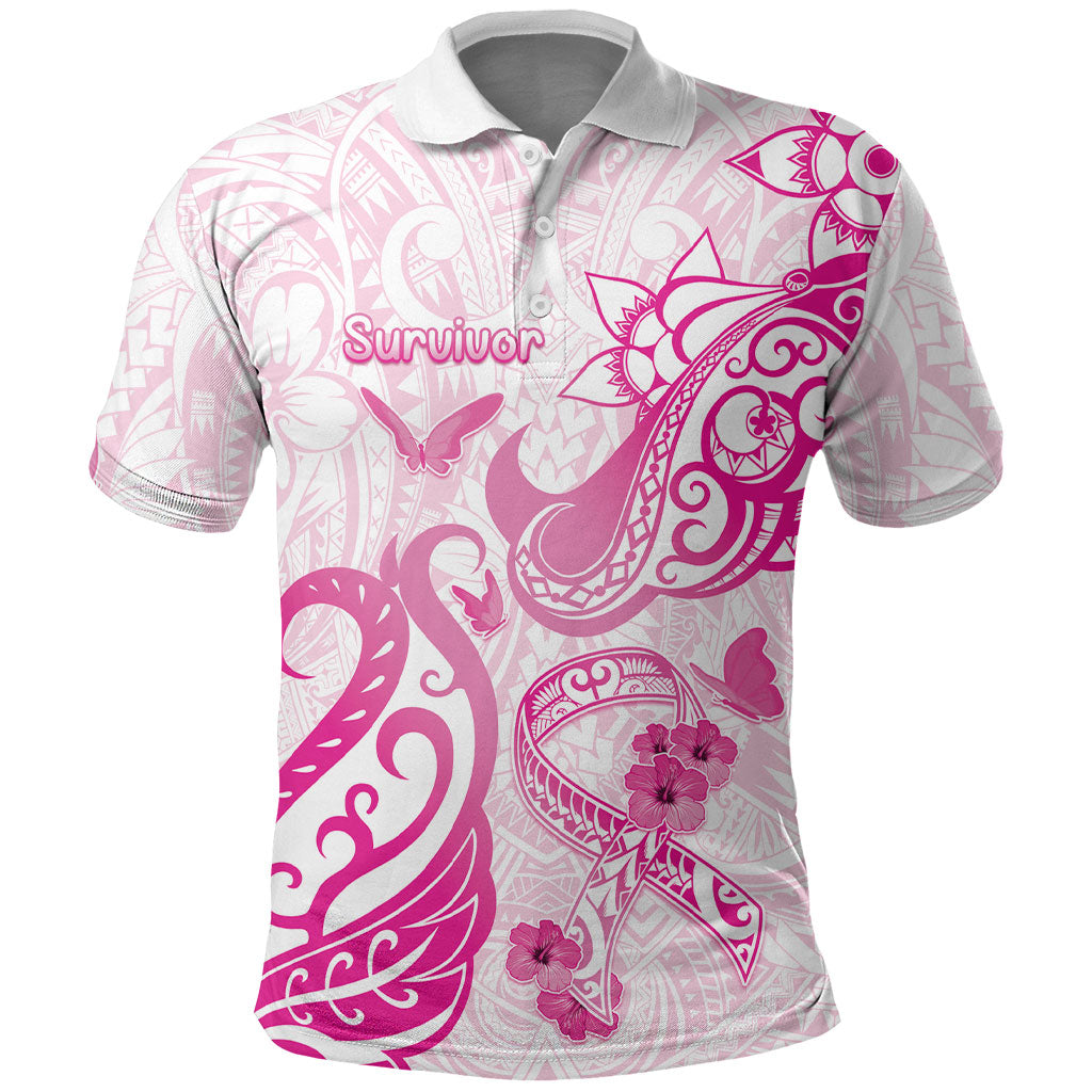 Personalised Breast Cancer Support Polo Shirt Ribbon Polynesian Pattern White Version