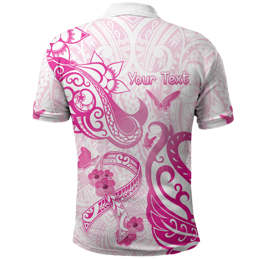 Personalised Breast Cancer Support Polo Shirt Ribbon Polynesian Pattern White Version