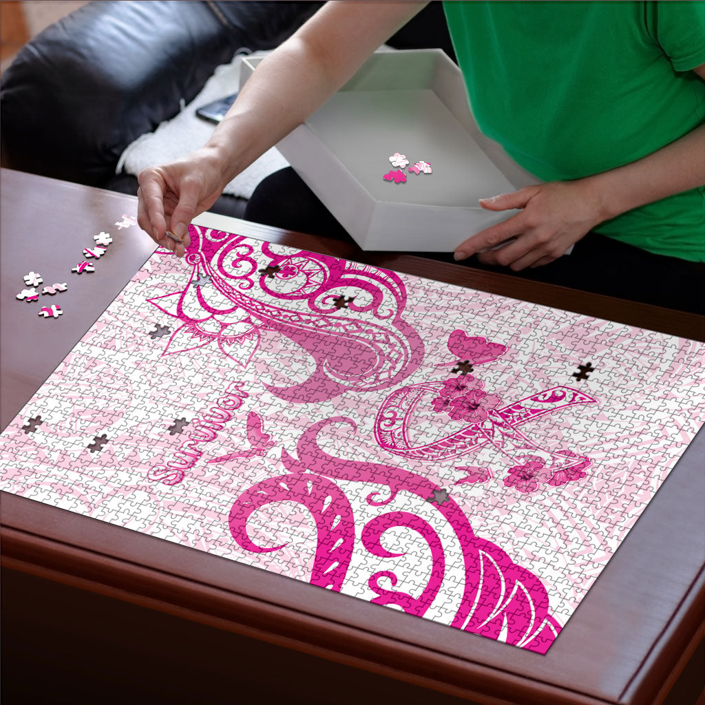 Breast Cancer Support Puzzle Ribbon Polynesian Pattern White Version