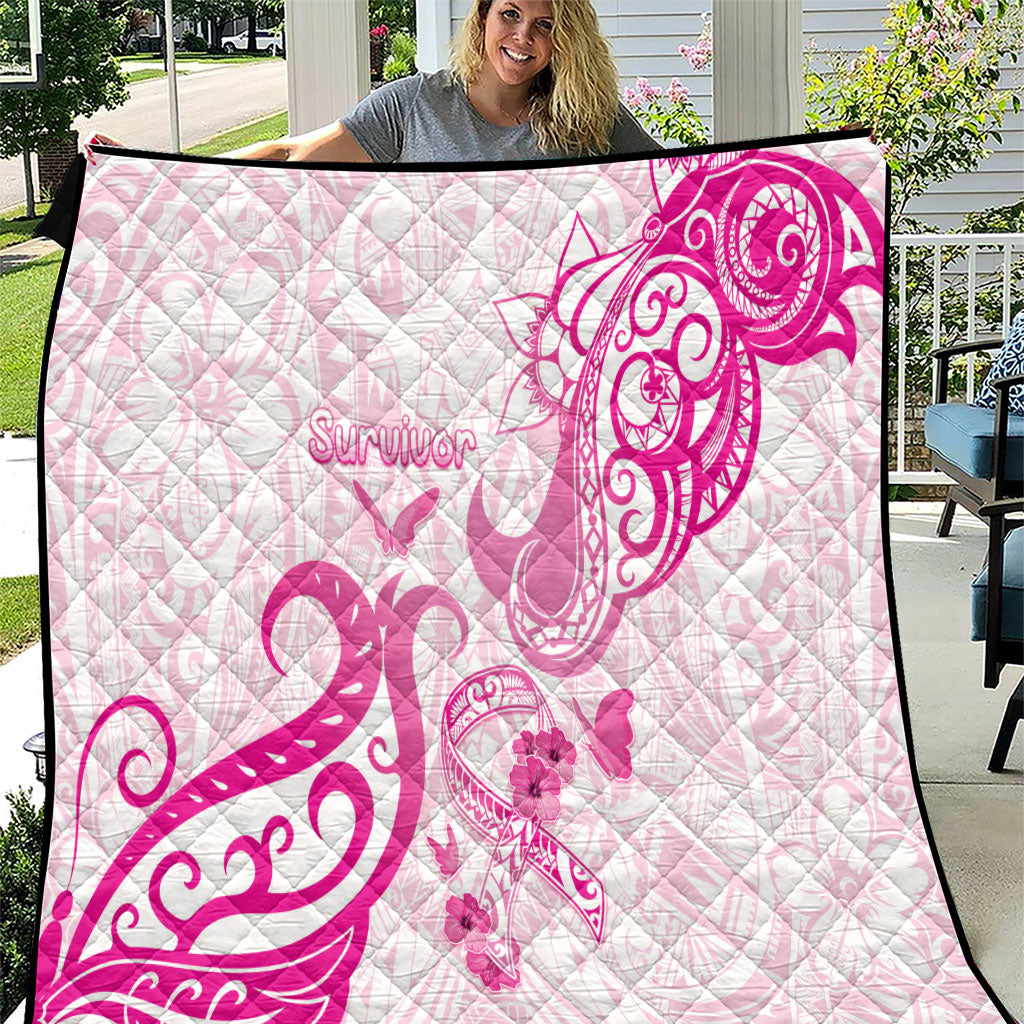 Breast Cancer Support Quilt Ribbon Polynesian Pattern White Version