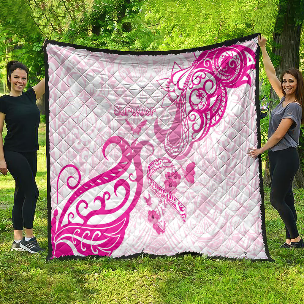 Breast Cancer Support Quilt Ribbon Polynesian Pattern White Version
