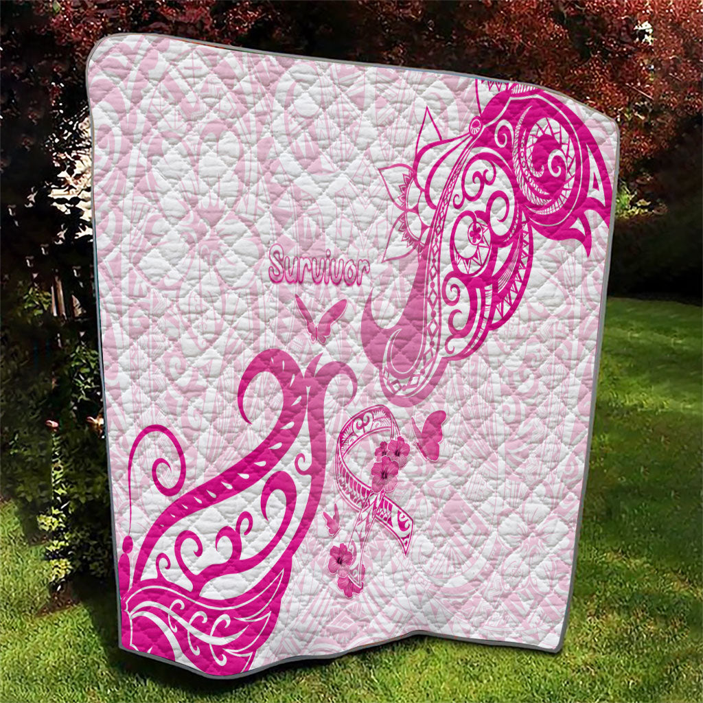 Breast Cancer Support Quilt Ribbon Polynesian Pattern White Version