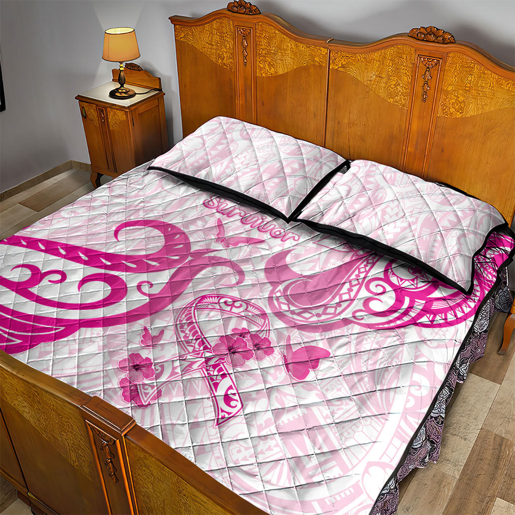 Breast Cancer Support Quilt Bed Set Ribbon Polynesian Pattern White Version