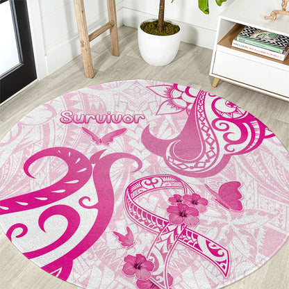 Breast Cancer Support Round Carpet Ribbon Polynesian Pattern White Version