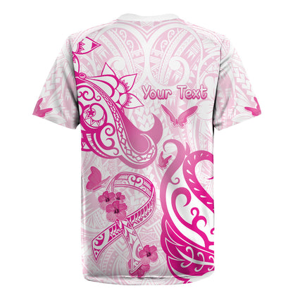 Personalised Breast Cancer Support Rugby Jersey Ribbon Polynesian Pattern White Version