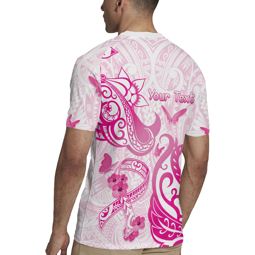 Personalised Breast Cancer Support Rugby Jersey Ribbon Polynesian Pattern White Version