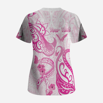 Personalised Breast Cancer Support Scrub Top Ribbon Polynesian Pattern White Version