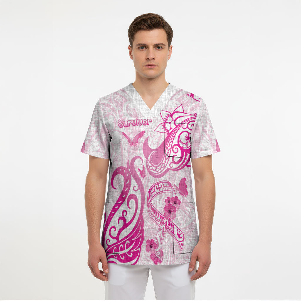 Personalised Breast Cancer Support Scrub Top Ribbon Polynesian Pattern White Version