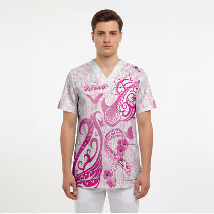 Personalised Breast Cancer Support Scrub Top Ribbon Polynesian Pattern White Version