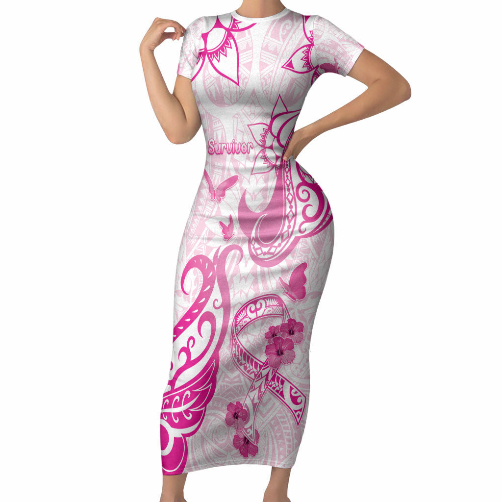 Personalised Breast Cancer Support Short Sleeve Bodycon Dress Ribbon Polynesian Pattern White Version