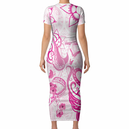 Personalised Breast Cancer Support Short Sleeve Bodycon Dress Ribbon Polynesian Pattern White Version