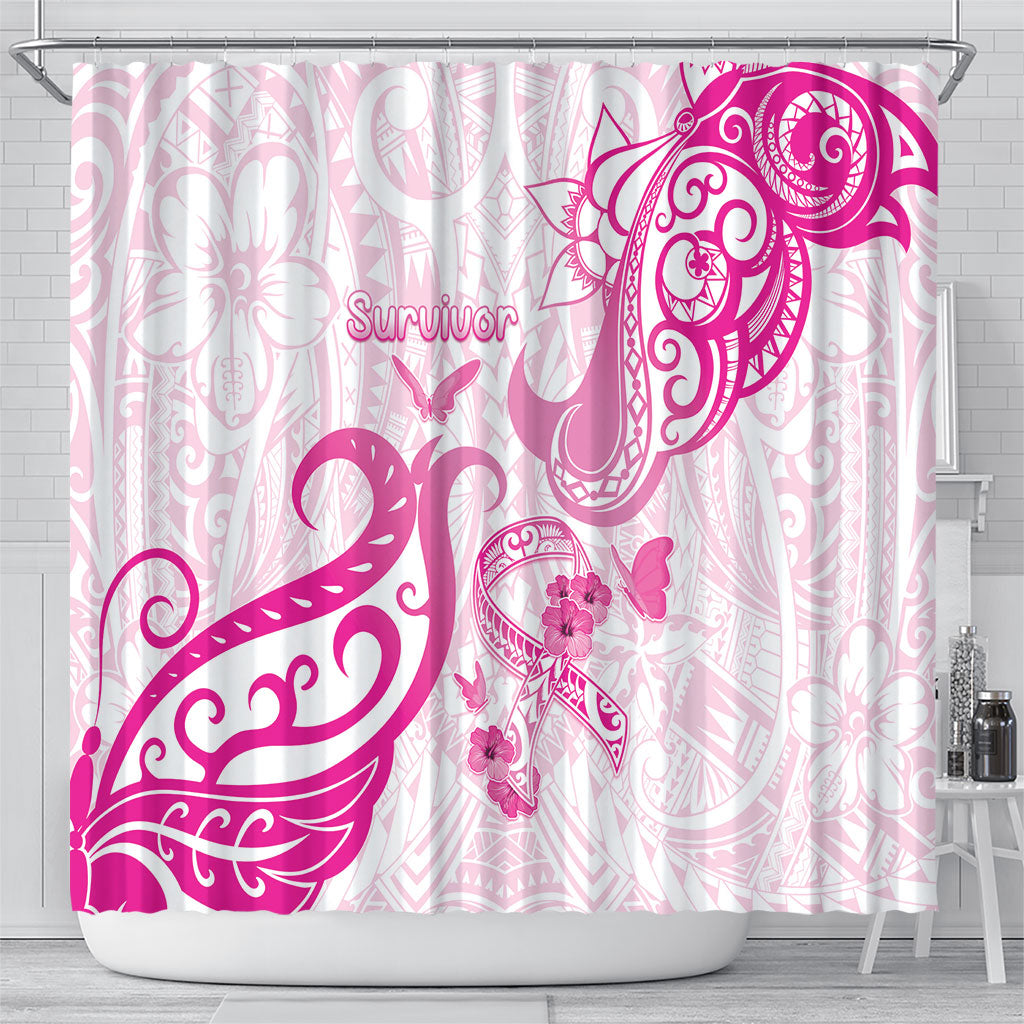 Breast Cancer Support Shower Curtain Ribbon Polynesian Pattern White Version