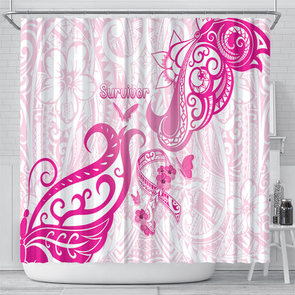 Breast Cancer Support Shower Curtain Ribbon Polynesian Pattern White Version