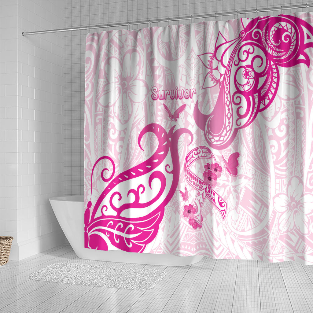 Breast Cancer Support Shower Curtain Ribbon Polynesian Pattern White Version