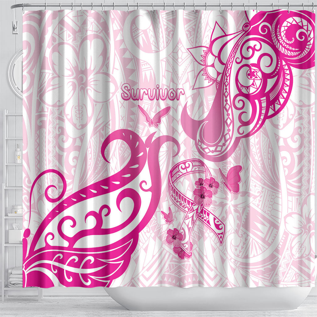 Breast Cancer Support Shower Curtain Ribbon Polynesian Pattern White Version