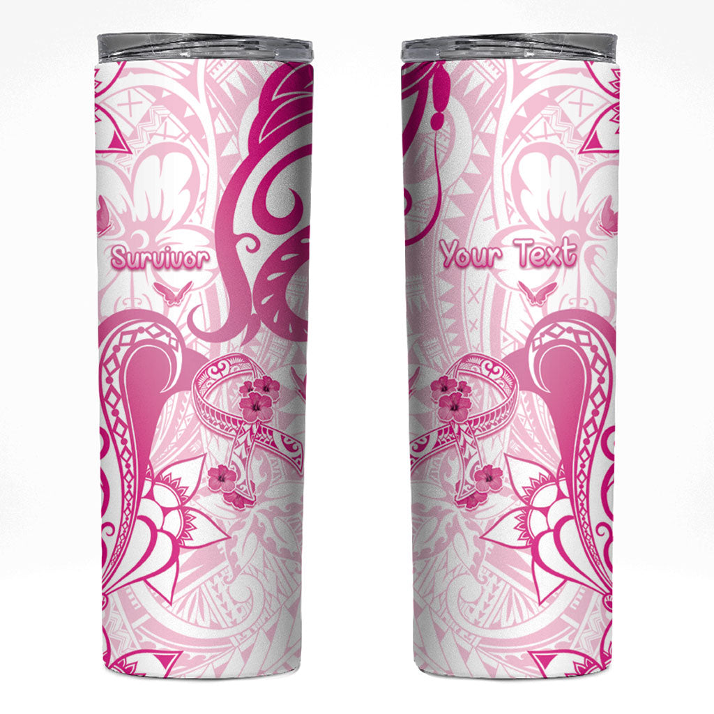 Personalised Breast Cancer Support Skinny Tumbler Ribbon Polynesian Pattern White Version