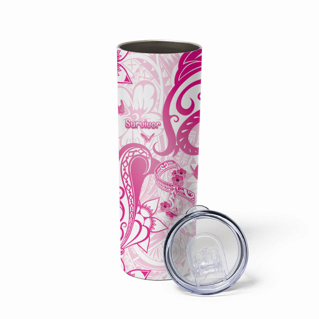 Personalised Breast Cancer Support Skinny Tumbler Ribbon Polynesian Pattern White Version