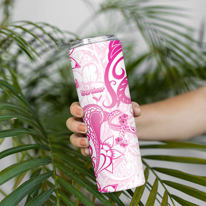 Personalised Breast Cancer Support Skinny Tumbler Ribbon Polynesian Pattern White Version