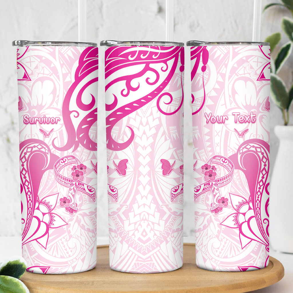 Personalised Breast Cancer Support Skinny Tumbler Ribbon Polynesian Pattern White Version