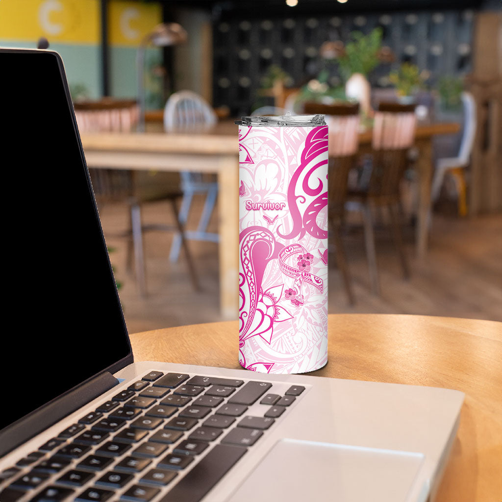 Personalised Breast Cancer Support Skinny Tumbler Ribbon Polynesian Pattern White Version