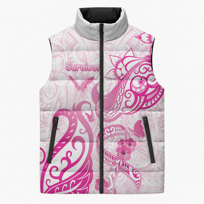 Personalised Breast Cancer Support Sleeveless Puffer Jacket Ribbon Polynesian Pattern White Version