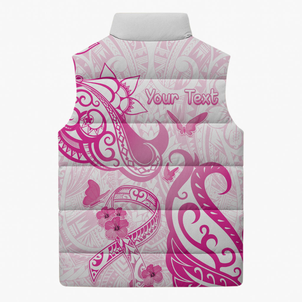 Personalised Breast Cancer Support Sleeveless Puffer Jacket Ribbon Polynesian Pattern White Version