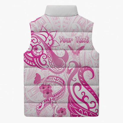 Personalised Breast Cancer Support Sleeveless Puffer Jacket Ribbon Polynesian Pattern White Version